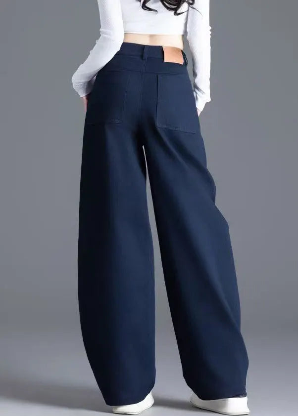 Navy Button Pockets Denim Wide Leg Pants High Waist
