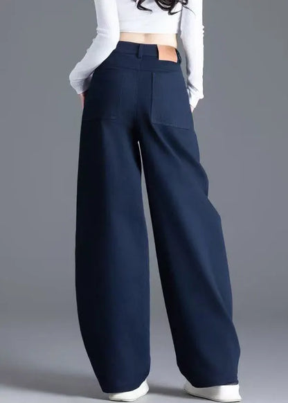 Navy Button Pockets Denim Wide Leg Pants High Waist