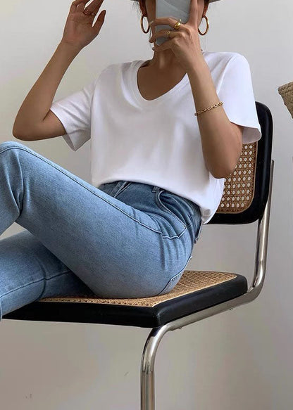 White U Neck Simple Cotton T Shirt Summer