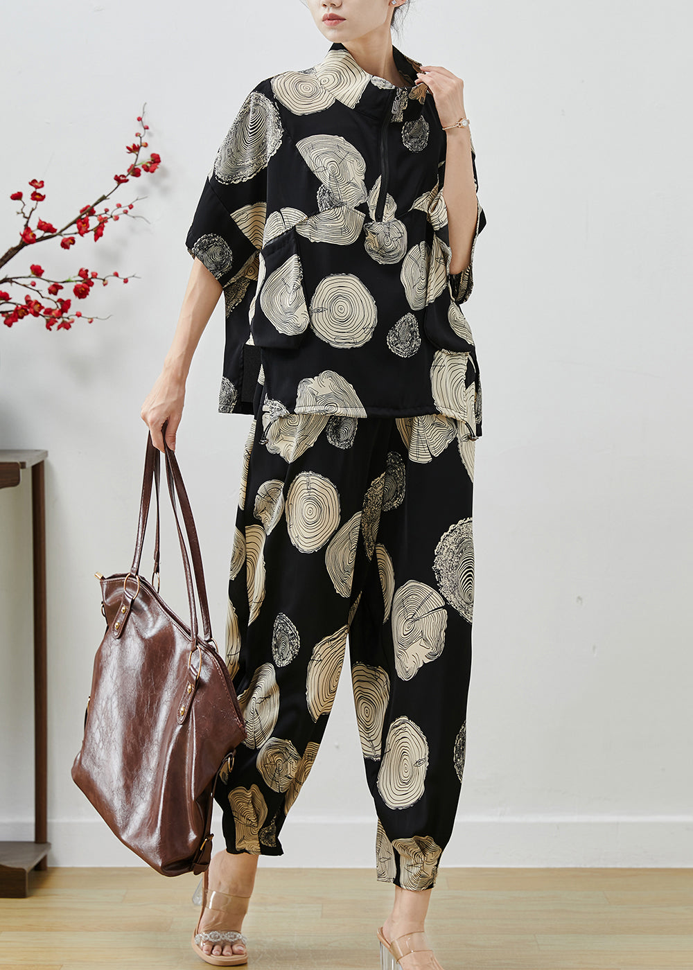 Black Oversized Print Chiffon Two Piece Set Summer