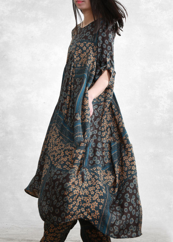 Vogue Blue O-neck Print Shirts and Wide Leg Pants Silk Two Piece Set Half Sleeve