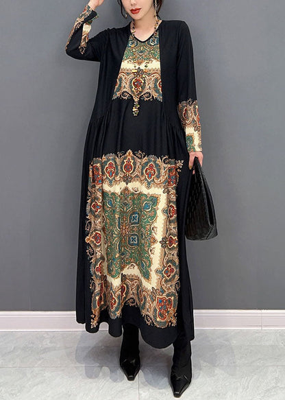 Black O Neck Wrinkled Print Silk Dresses Spring