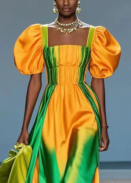Yellow Puff Sleeve Tie Dye Silk Holiday Dress