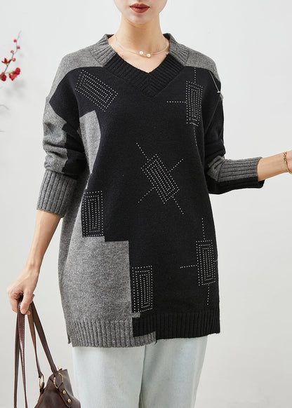 Colorblock V Neck Patchwork Thick Knitted Tops Winter