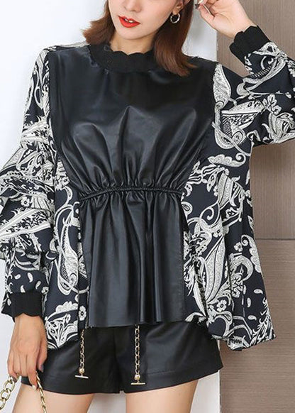 Loose Black O-neck Print Faux Leather Patchwork Top Butterfly Sleeve