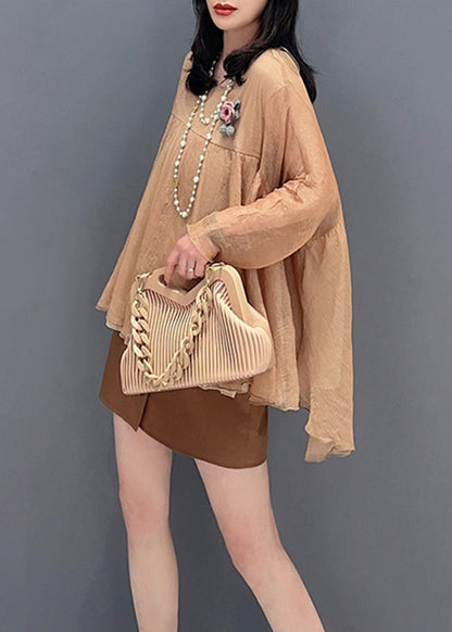 Loose Khaki O-neck Patchwork Tulle Tops Long Sleeve