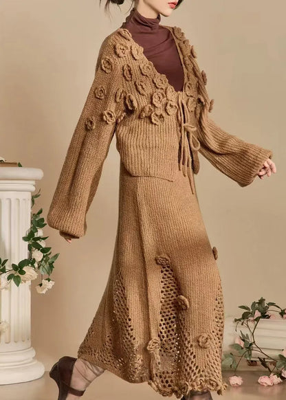 Dark Khaki Lace Up Hollow Out Knit Two Piece Set Spring