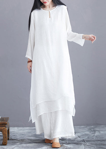 White O Neck Side Open Cotton Two Pieces Set Long Sleeve