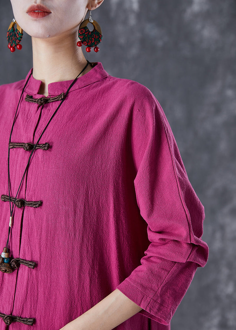 Rose Chinese Button Side Open Linen Long Shirts Fall