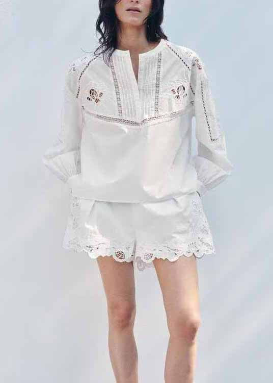 White Hollow Out Embroidered Cotton Two Piece Set Fall