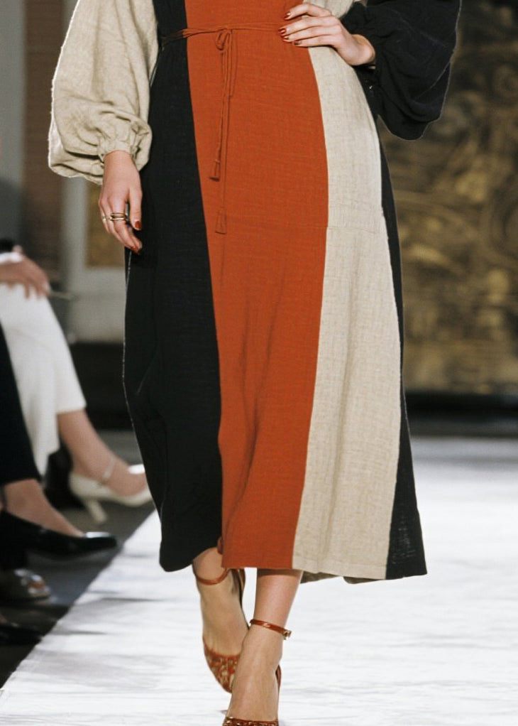 Colorblock Tie Waist Asymmetrical Design Cotton Dresses Spring