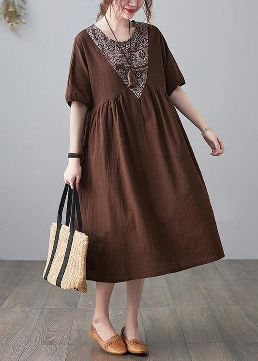 Natural Chocolate Patchwork Short Sleeve Maxi Dresses Summer