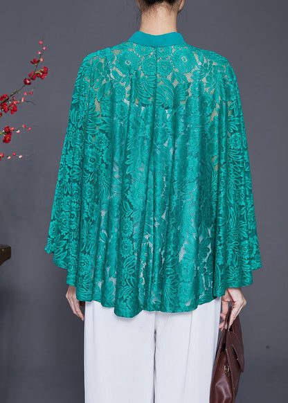 Green Hollow Out Lace Upf 50+ Smock Batwing Sleeve