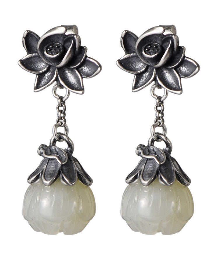 Sterling Silver Inlaid Pearl Lotus Drop Earrings