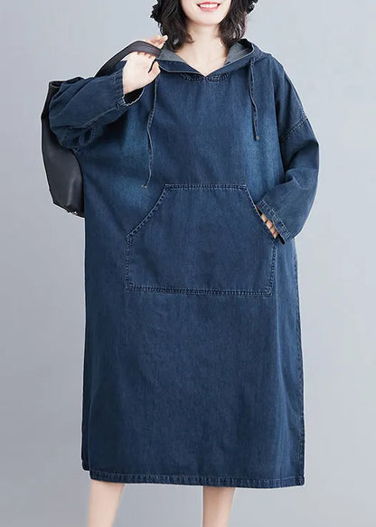 Denim Blue Hooded Pockets Denim Long Dress Spring