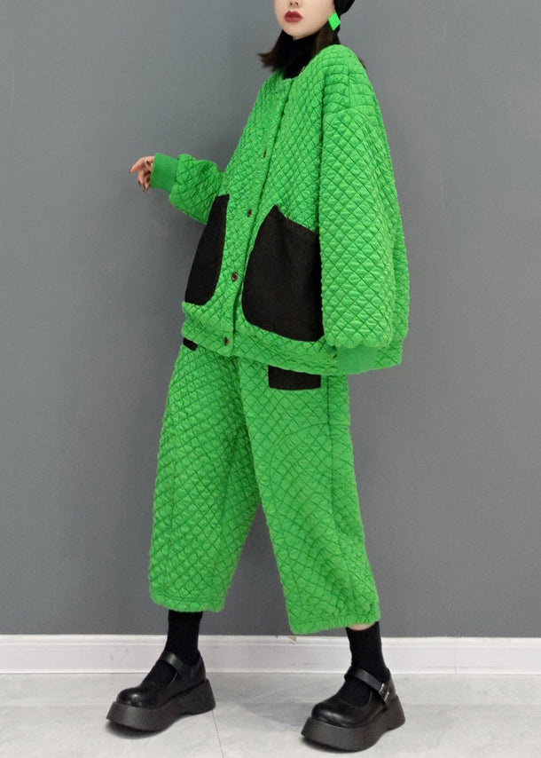 Green Pockets Patchwork Fine Cotton Filled Two Pieces Set Fall