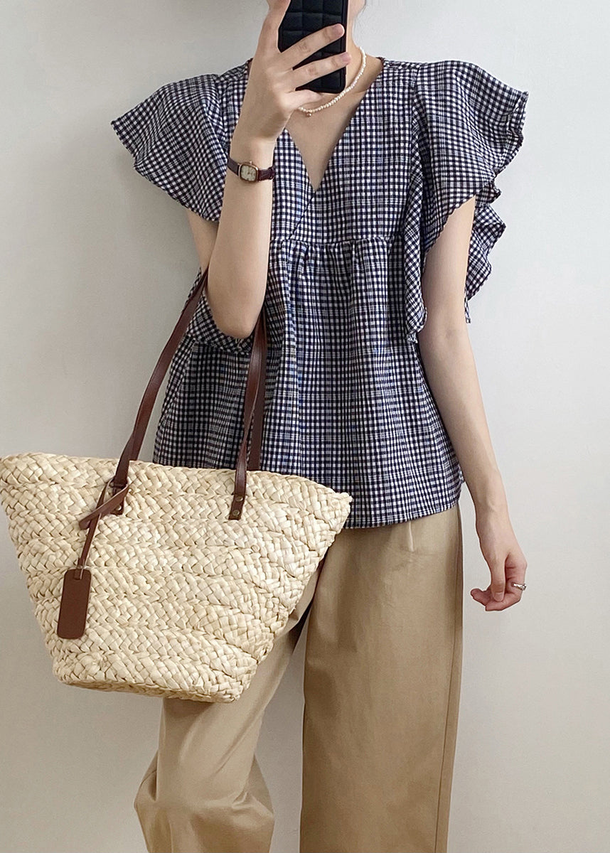 V Neck Plaid Cotton Shirts Top Butterfly Sleeve