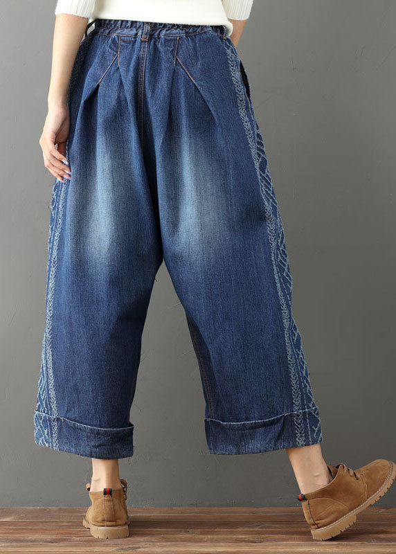 Modern Blue Elastic Waist Oversized Cotton Wide Leg Pants Ripped Jeans Spring