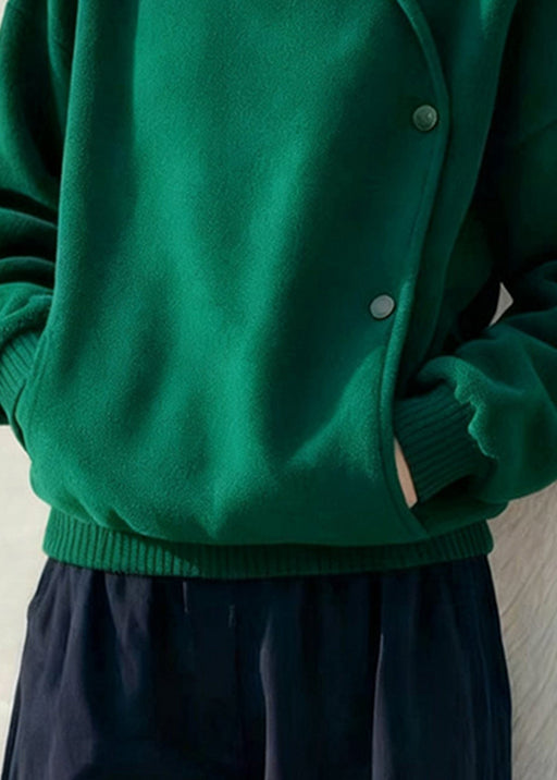 Green Stand Collar Button Pockets Cotton Sweatshirt Winter