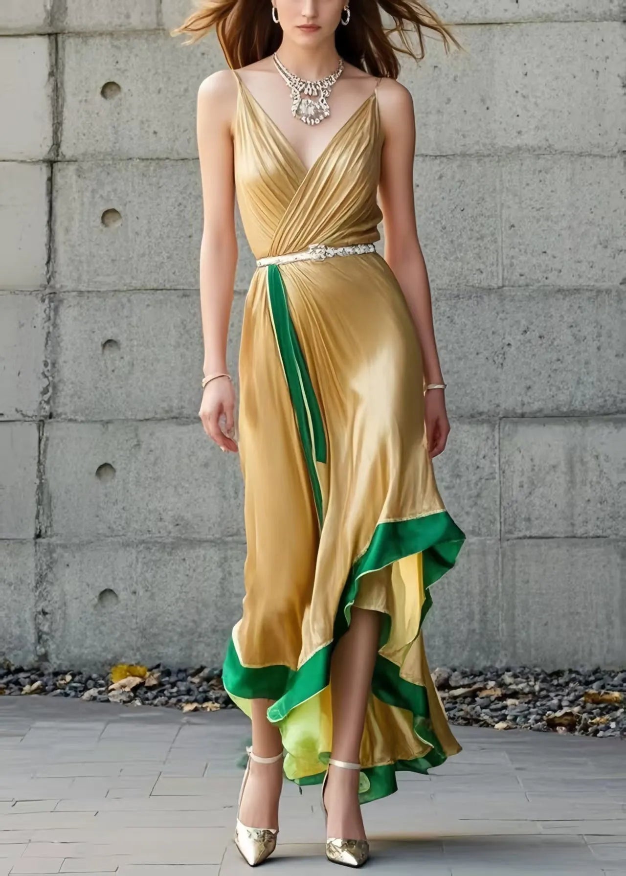 Organic Yellow Asymmetrical Patchwork Silk Spaghetti Strap Dress Summer