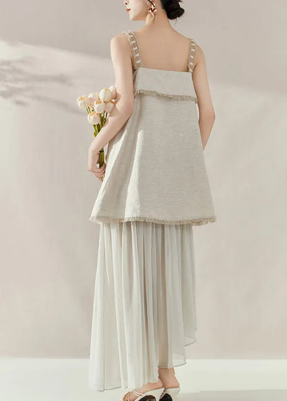 Loose Slash Neck Patchwork Vest and Skirts Two Pieces Set Summer
