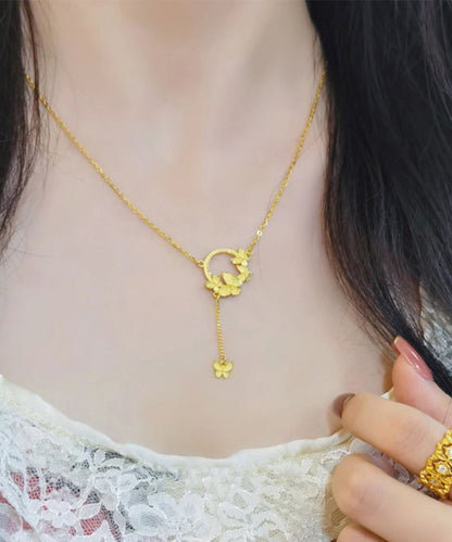 Gold Stainless Steel Butterfly Tassel Pendant Necklace