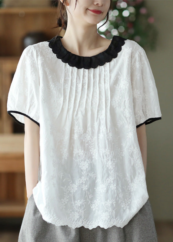 Modern White O-neck Embroideried Patchwork Wrinkled Cotton Top Short Sleeve