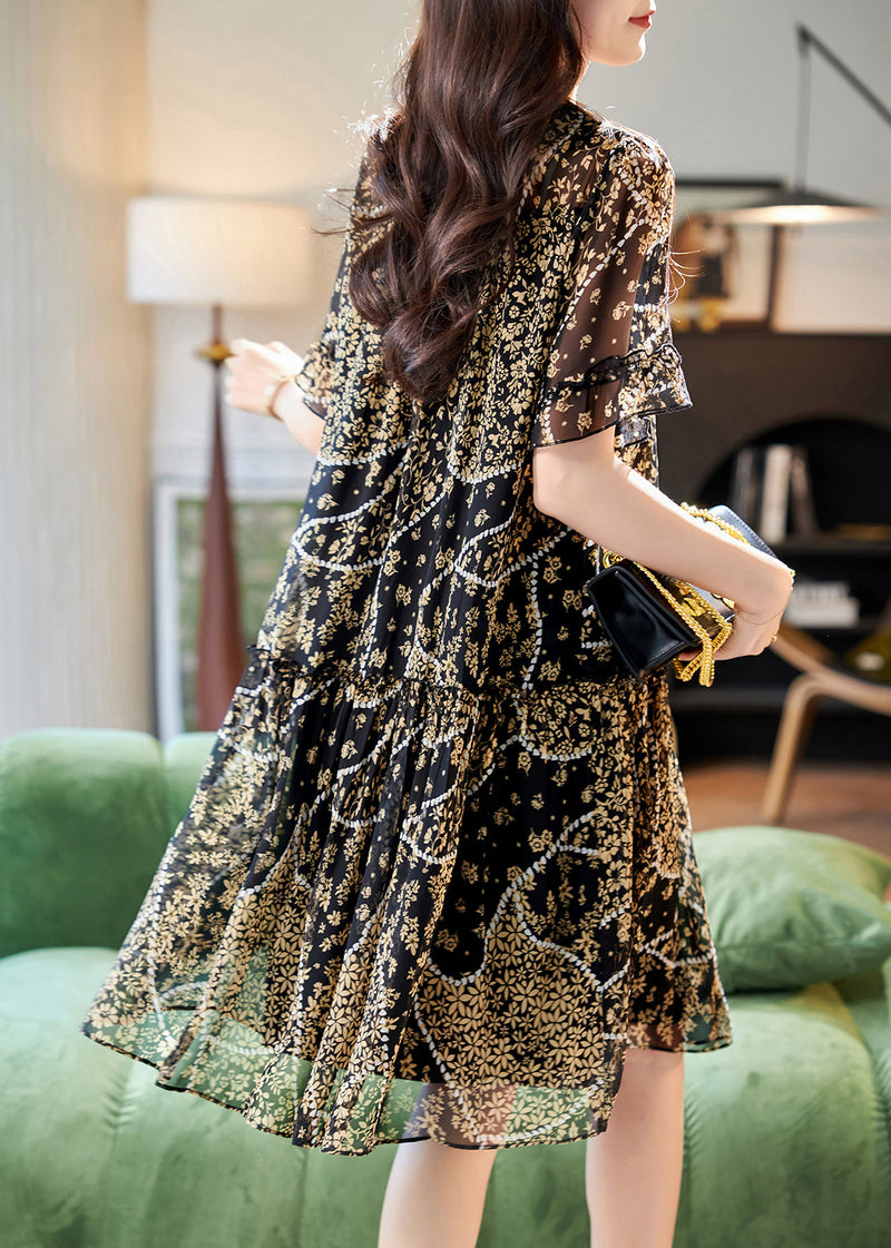 French Black O-neck Print Long Dress Short Sleeve