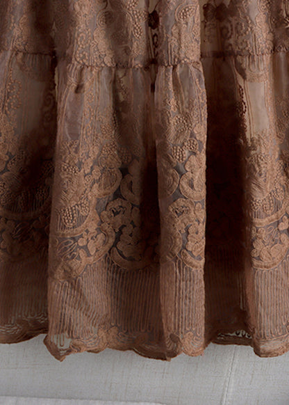 Chocolate Colour Embroideried High Waist Tulle a Line Skirt Fall