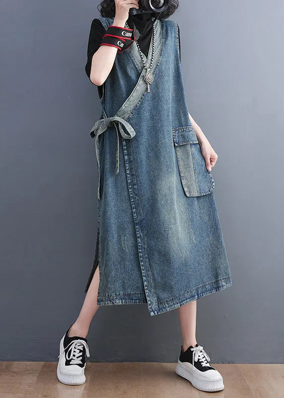 Blue V Neck Asymmetrical Patchwork Tie Waist Denim Long Dresses Sleeveless