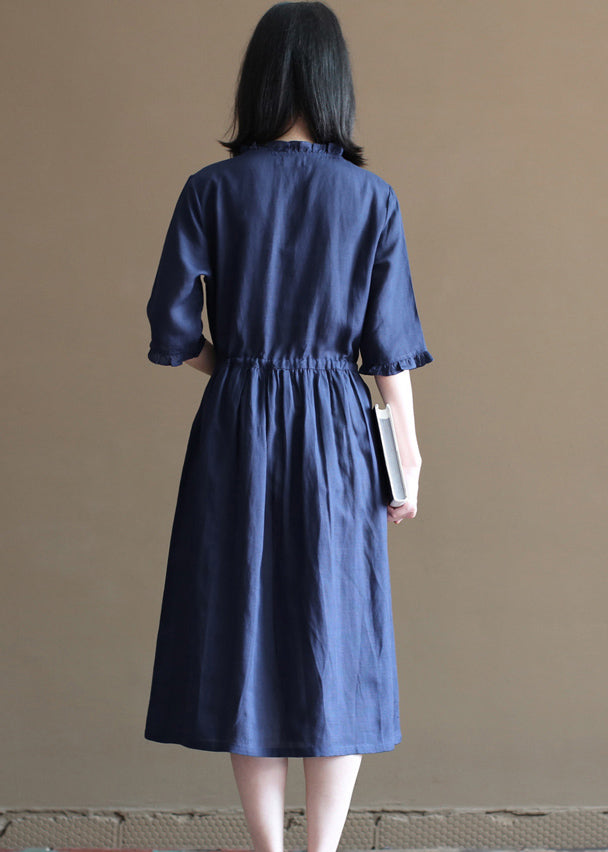 Tibetan Blue Drawstring Ruffled Button Linen Long Dress Half Sleeve