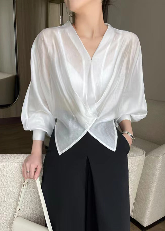 White V Neck Asymmetrical Silk Thin Shirts Spring