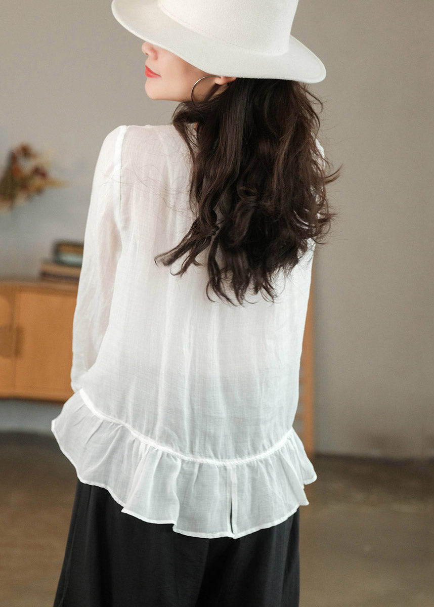White Patchwork Ruffles Linen Shirt Top Three Quarter Sleeve