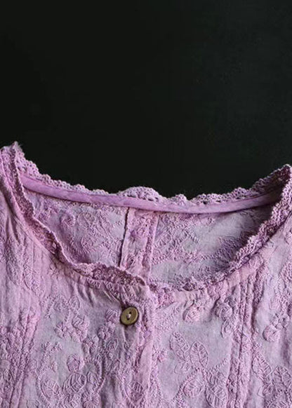 Purple Wrinkled Embroideried Linen Shirts Bracelet Sleeve