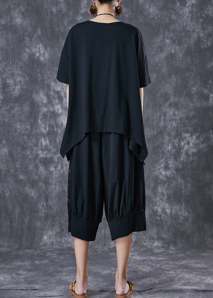 Black Asymmetrical Patchwork Cotton Two Piece Set Outfits Summer