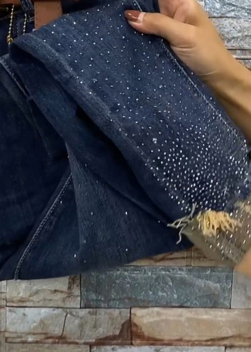 Blue Pockets Zircon Patchwork Denim Crop Pants Fall