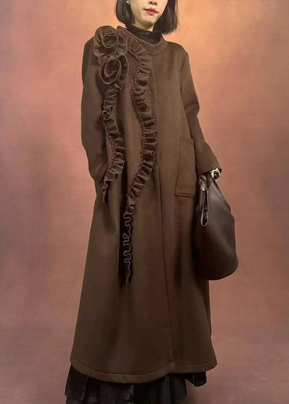 Fine Coffee O-neck Ruffled Patchwork Pockets Woolen Long Coats Winter