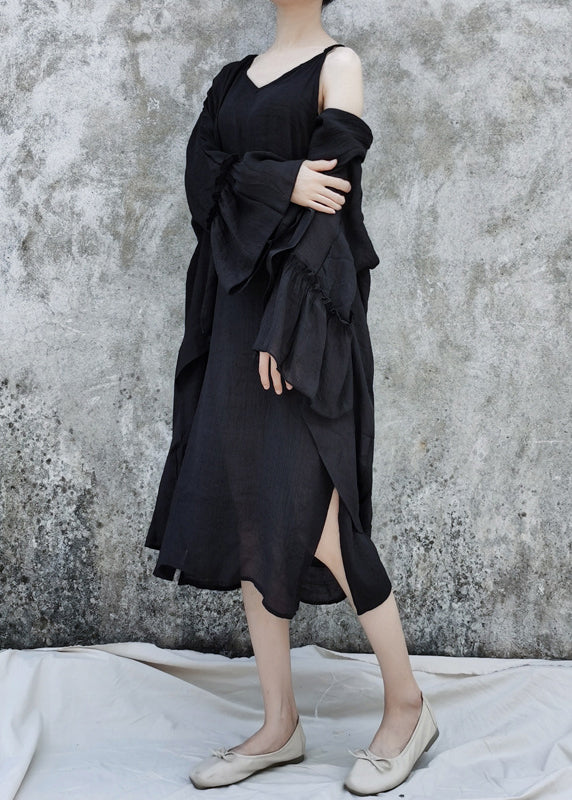 Black Linen Loose Cardigan and Spaghetti Strap Dress Two Pieces Set Flare Sleeve
