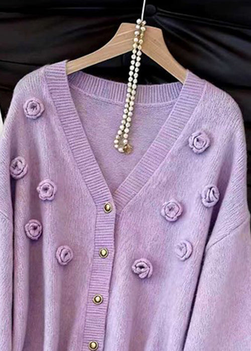 Loose Purple V Neck Button Knit Cardigans Fall