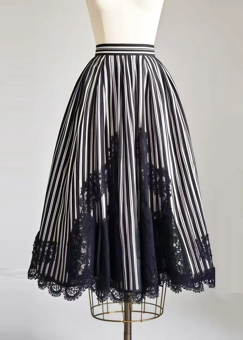 Black Striped Patchwork Lace Exra Large Hem Skirt Summer