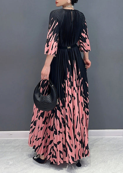 Italian Colorblock O-neck Cinched Print Long Dresses Bracelet Sleeve