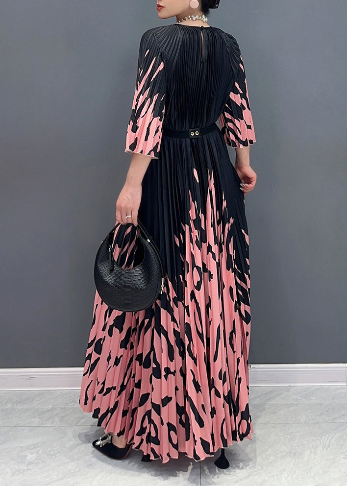 Italian Colorblock O-neck Cinched Print Long Dresses Bracelet Sleeve