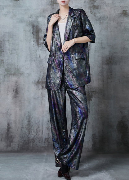 Dark Grey Notched Tie Dye Silk Two Pieces Set Summer