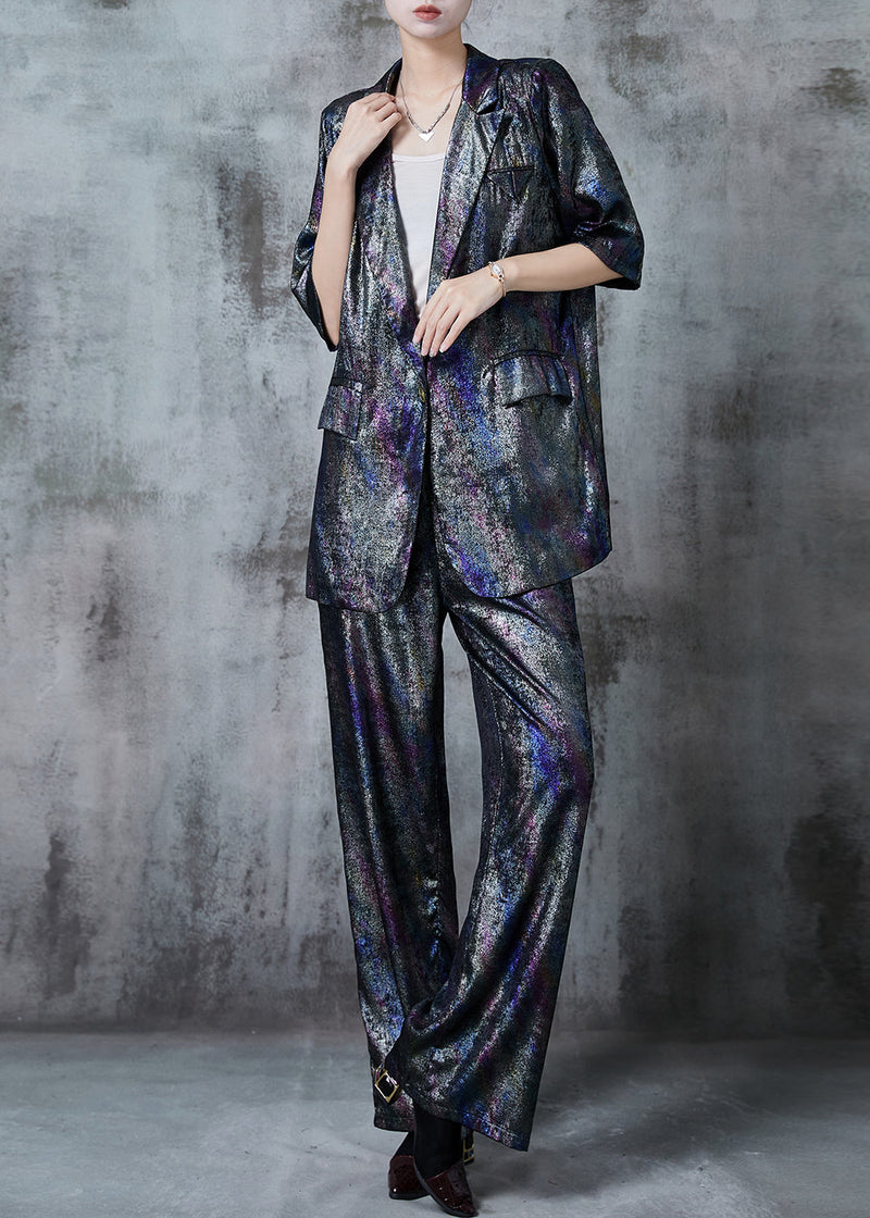 Dark Grey Notched Tie Dye Silk Two Pieces Set Summer