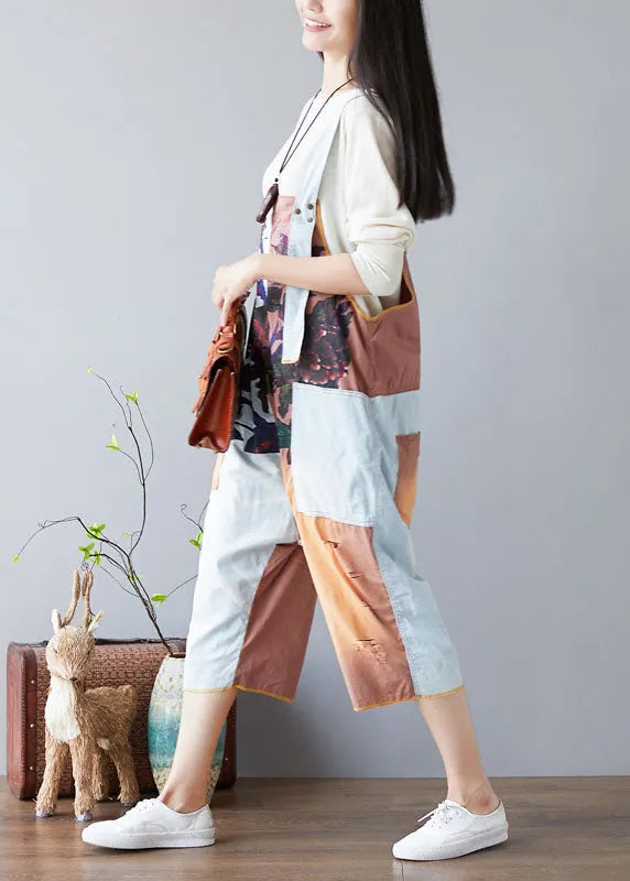 Diy Orange Pockets Print Patchwork Jumpsuits Spring