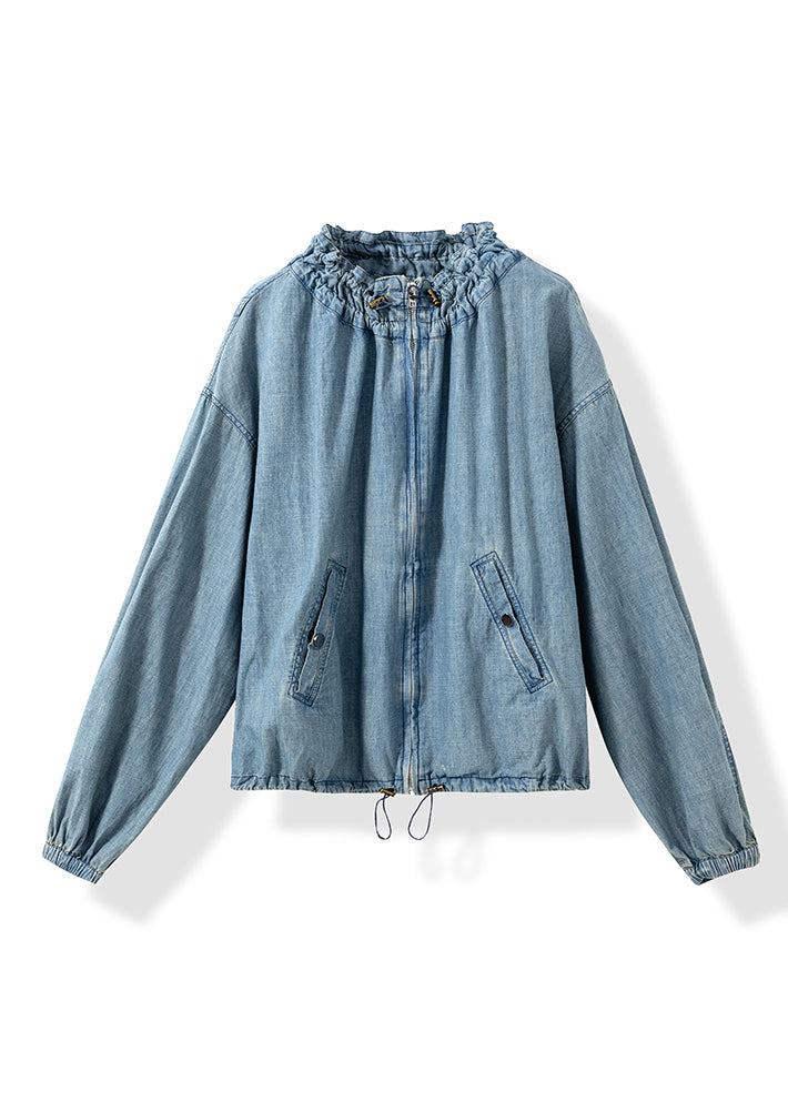 Blue Zip Up Ruffled Pockets Denim Jackets Fall
