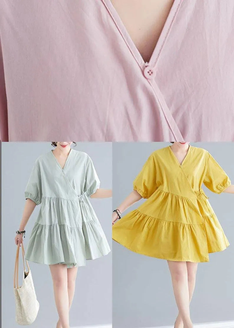 Pink V Neck Cinched Ankle Summer Cotton Dress