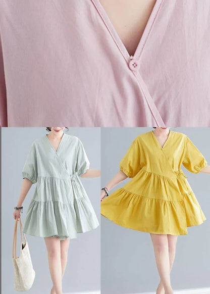 Diy Yellow Button Asymmetrical Design Summer Cotton Dress