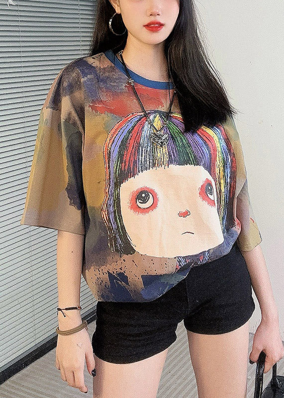 Khaki O Neck Print Cotton T Shirt Half Sleeve