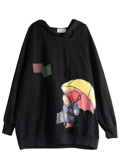 Black Hooded Cotton Sweatshirt Street Wear Spring